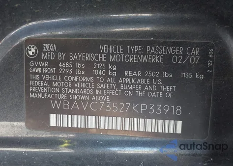 2007 BMW 328 из США, поврежденный, VIN WBAVC73527KP33918